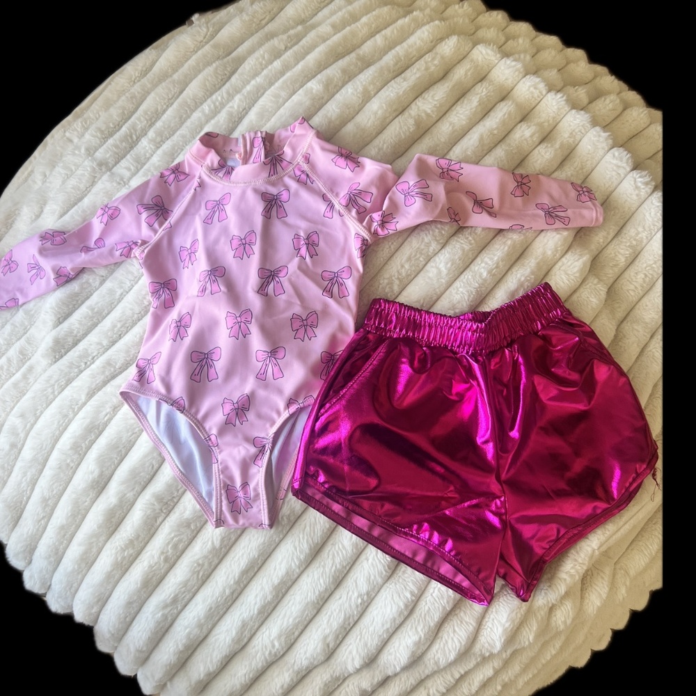 Pink Bows,Y2k,  UPF Swimsuit with shorts , Pink , Sparkling , Glam